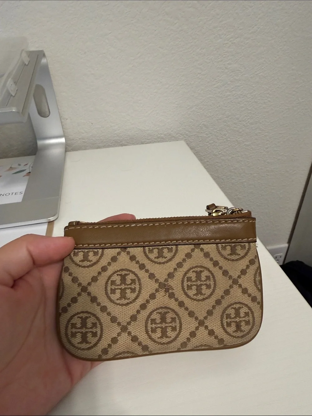 Tory Burch Tan Logo Canvas keychain wallet